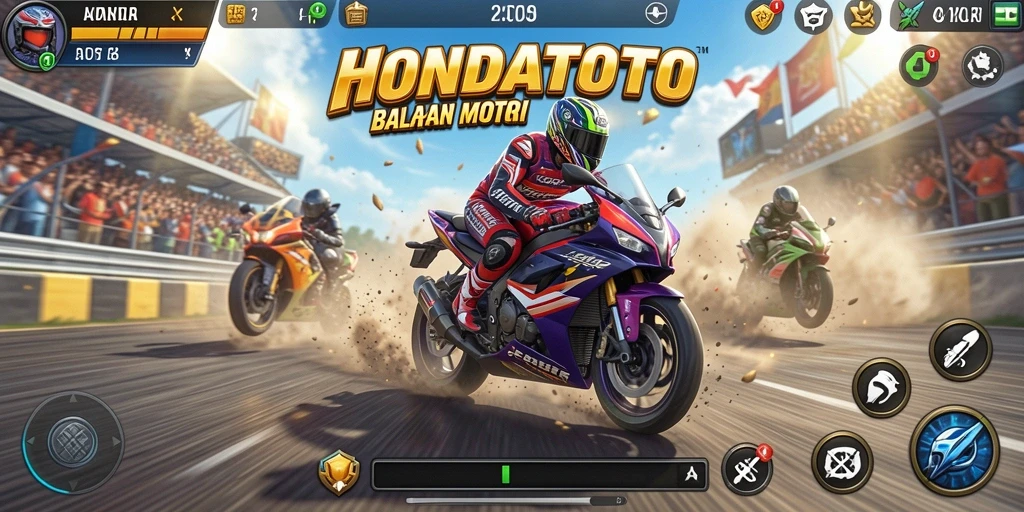 Tampilan gameplay HONDATOTO dengan aksi balapan motor yang menegangkan.