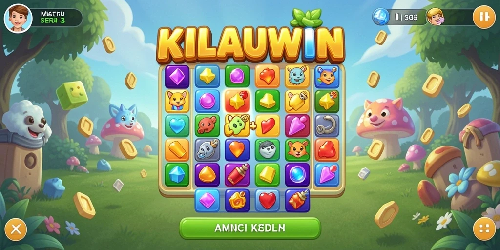 Screenshot utama KILAUWIN menunjukkan gameplay Match-3 yang penuh warna.