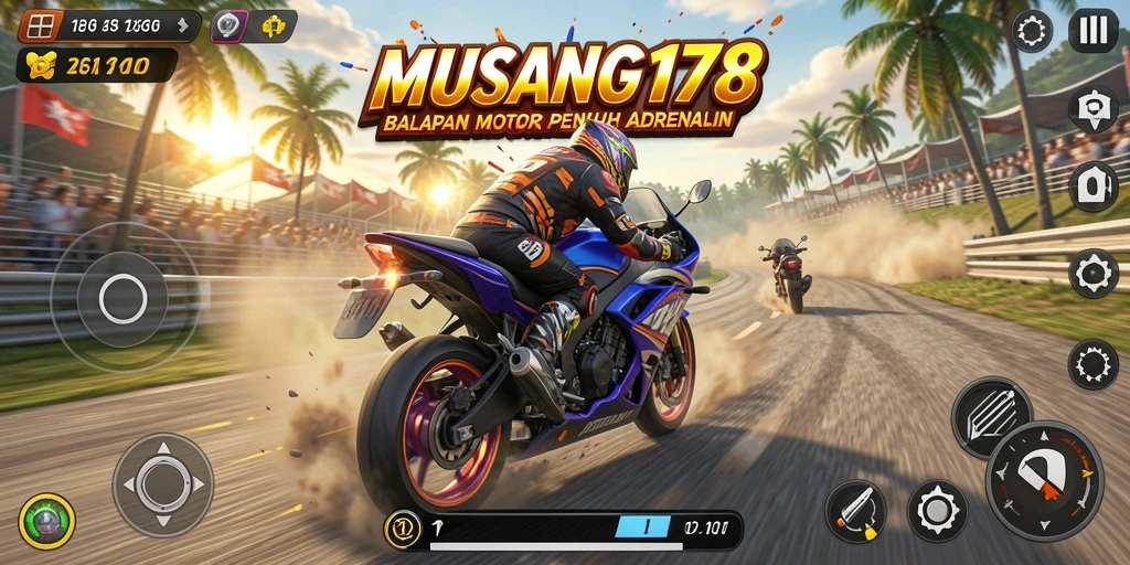 Tampilan gameplay yang mendebarkan di trek balapan motor.