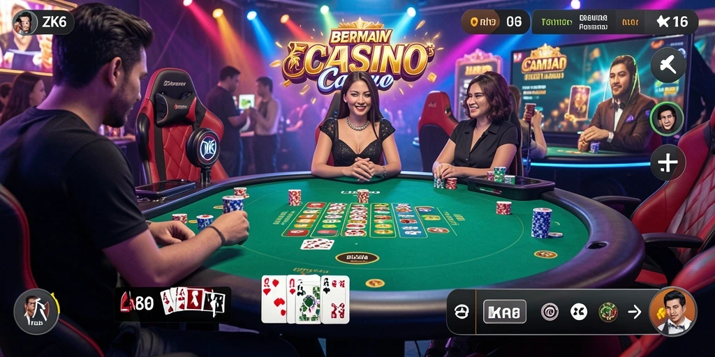 Screenshot gameplay ZK6 menampilkan dealer live dan permainan kasino yang mendebarkan.